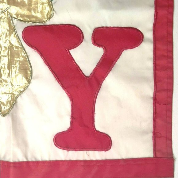 Vintage JOY Red and White 28x40 Holiday Flag Christmas Wreath Shiny Gold Bow - Picture 7 of 14